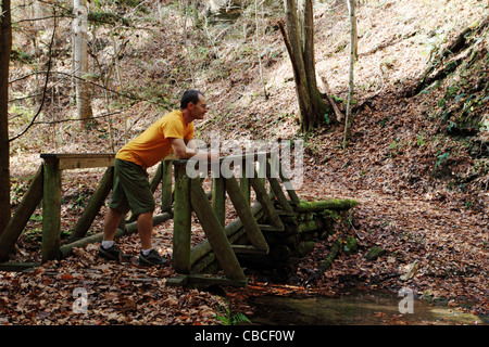 a man on a foot bridge in the woods in the fall Stock Photo