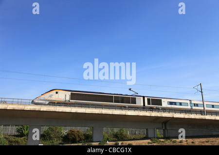 Eurostar high speed express train having just travelled through the Channel Tunnel at Folkestone Stock Photo