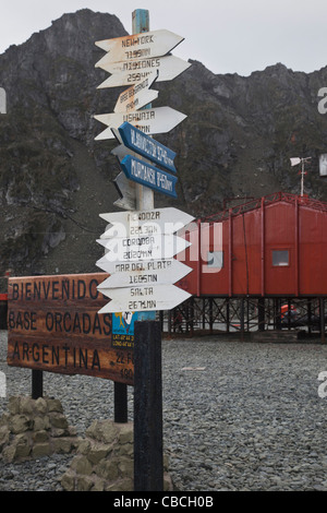 South Atlantic, South Orkney Islands, Laurie Island. Post with distances to distant cities from Orcadas Station Stock Photo