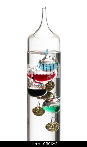 temperature theme showing the detail of a Galileo thermometer in white back Stock Photo