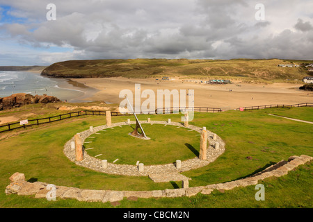 Droskyn Sundial millennium landmark with view across Perran beach in Cornish seaside resort of Perranporth Cornwall England UK Stock Photo