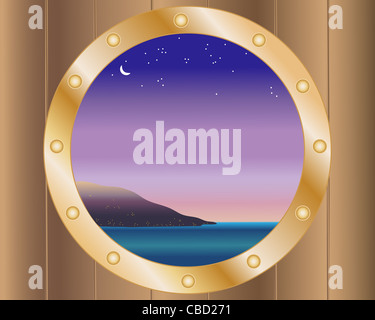 an illustration of a porthole on a boat with a night time view of a hill with lights under the stars Stock Photo