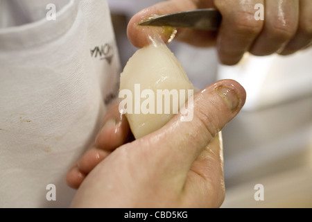 Chef preparing fresh scallops, cropped Stock Photo