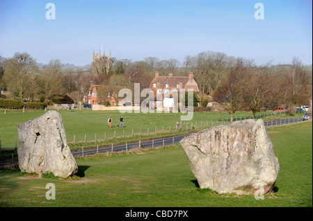 General view of the stones at Avebury, Wilts with some of the village and St James church UK Stock Photo