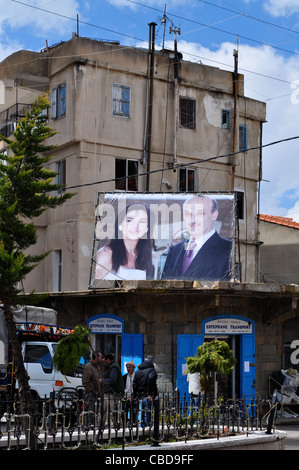 Bcharre, birthplace of Khalil Gibran. Billboard shows Samir Geagea, Lebanese Forces leader with his wife Setrida, a legislator. Stock Photo