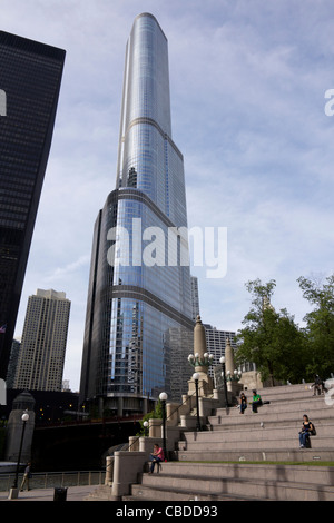 Trump International Tower viewed from the Vietnam War Veterans' Memorial Plaza. Chicago, Illinois Stock Photo