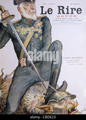 Grand Duke Nicholas Nikolaevich of Russia (1856-1929) Commander in Chief of Russian Imperial Army Threatens Germany and the German Army Cover of the War Edition of the  French Satirical Magazine 'Le Rire' May 1915 Stock Photo