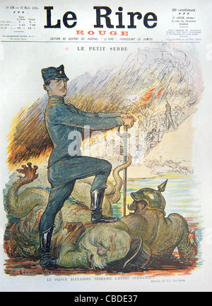 Alexander I of Yugoslavia Portrayed as Terrorizing the German Hydra during the First World War. War Propaganda or Cover of War Edition of French Satirical Magazine 'Le Rire' March 1915. Stock Photo