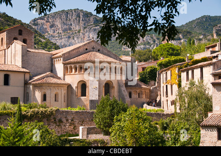 Abbaye de Gellone in the hil top village of St Guilhem le Desert in the Gellone Valley Hérault Languedoc-Roussillon France Stock Photo