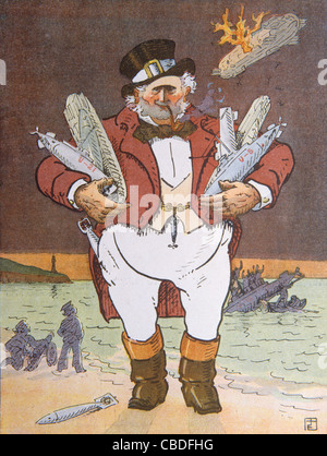 John Bull 'Damn Kaiser Wilhelm! What a Joker!' showing John Bull Carrying Deteated Germany Army including Zeppelins & Torpedoes. War Edition of French Satirical Magazine 'Le Rire', April 1915. First World War. Vintage Illustration Stock Photo