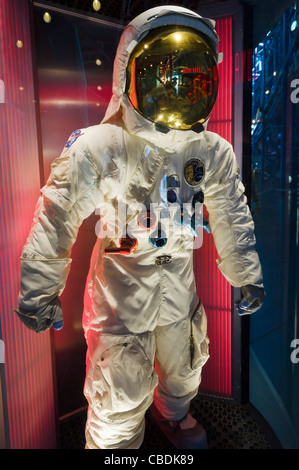 Space suit worn by James Lovell on  Apollo 13 moon mission, Saturn V complex, Kennedy Space Center, Merritt Island, Florida, USA Stock Photo