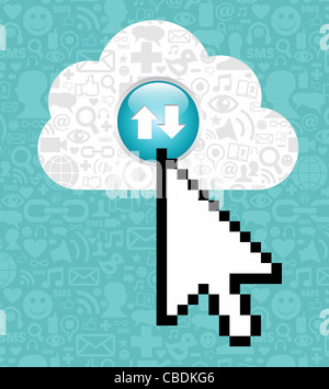 Arrow cursor clicking on a cloud with icons of social media on blue background. Vector file available. Stock Photo