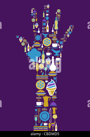 Human hand shape made with gourmet icon set on violet background. Vector file available. Stock Photo