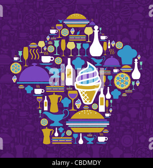 Chef hat shape made with gourmet icon set on violet background. Vector file available. Stock Photo