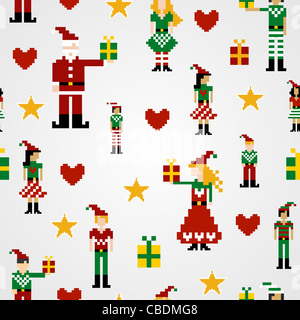 Santa and elves pixel characters christmas design. Seamless pattern background vector illustration. Stock Photo