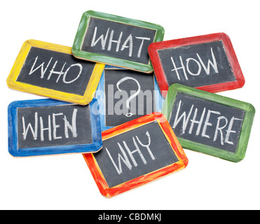 who, what, why, how, where, when, what if questions - white chalk ...