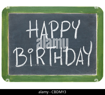 happy birthday congratulations - white chalk handwriting on a small slate blackboard Stock Photo