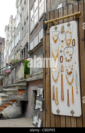 Jewellery made from Baltic Sea amber on sale in the old town of Gdansk, Pomerania, Poland Stock Photo