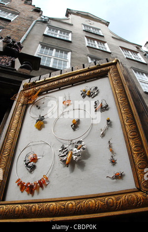 Jewellery made from Baltic Sea amber on sale in the old town of Gdansk, Pomerania, Poland Stock Photo