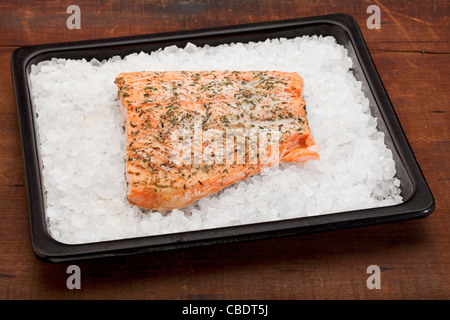 fillet of Norwegian salmon seasoned with lemon juice and thyme, freshly baked on rock salt Stock Photo