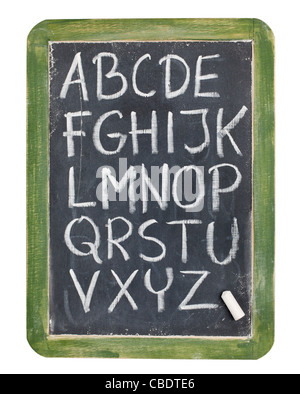 English alphabet - rough handwriting with white chalk on old slate blackboard, isolated on white Stock Photo