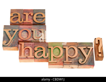 Are you happy question in vintage grunge wood letterpress printing blocks, isolated on white Stock Photo