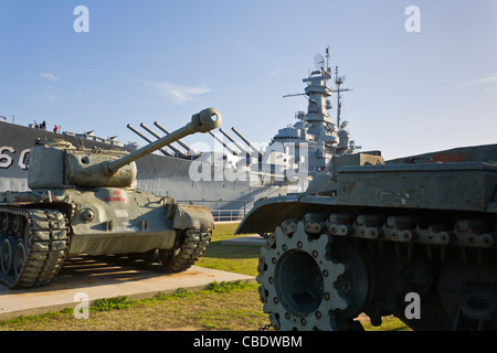 Tanks in foreground at Battleship USS Alabama Memorial park tourist attraction in Mobile Alabama Stock Photo