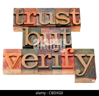 trust but verify quote from Ronald Reagan concerning relations with Soviet Union - vintage wooden letterpress printing blocks, Stock Photo