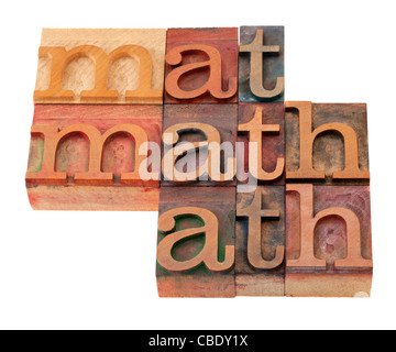 math word abstract in vintage wooden letterpress printing blocks, stained by color inks, isolated on white Stock Photo