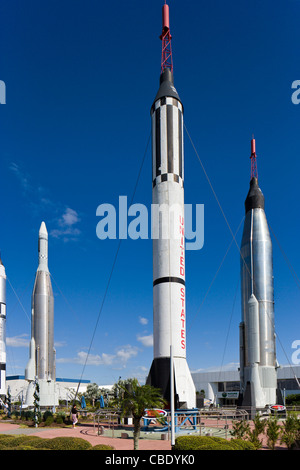 Mercury-Redstone rocket with Mercury-Atlas to right and Atlas-Agena to left, Kennedy Space Center Visitor Complex, Florida Stock Photo