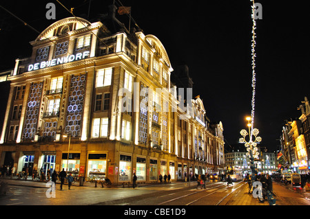 De Bijenkorf department store at night, Damrak, Amsterdam, Noord-Holland, Kingdom of the Netherlands Stock Photo