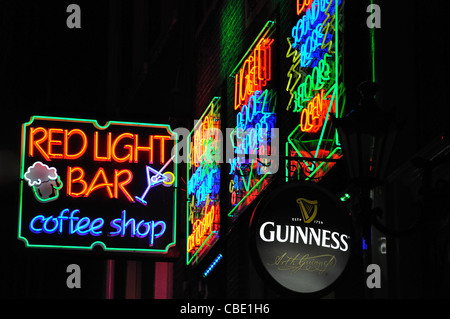 Neon signs at night in Red-light district, Amsterdam, Noord Holland, Netherlands Stock Photo