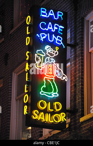 'Old Sailor' pub neon sign at night in Red-light district at night, Amsterdam, Noord Holland, Netherlands Stock Photo