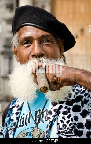 Portrait of Cuban man smoking cigar Havana Vieja Cuba Stock Photo