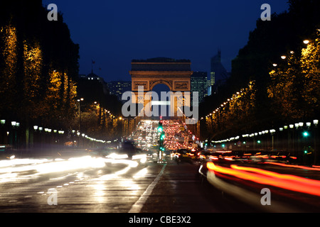 Arc de Triomphe and Champs-Elysees Avenue at night Stock Photo