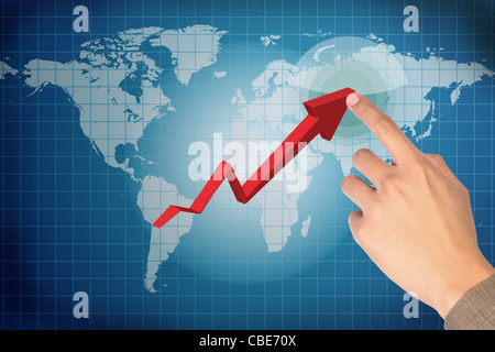 man finger pressing a red arrow on world-map Stock Photo