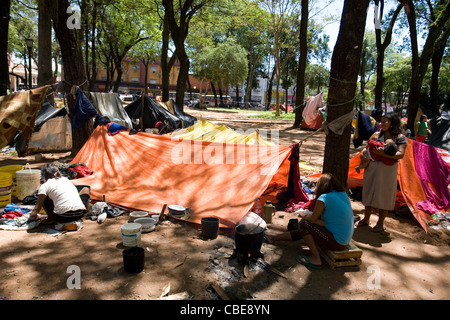 Indios living in the central Plaza Uruguaya in protest, claiming the ownership of the land promised by the government, Asuncion, Paraguay Stock Photo