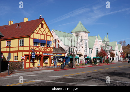 Colourful stores along Alisal Road in Solvang, California, a Danish Village in America Stock Photo