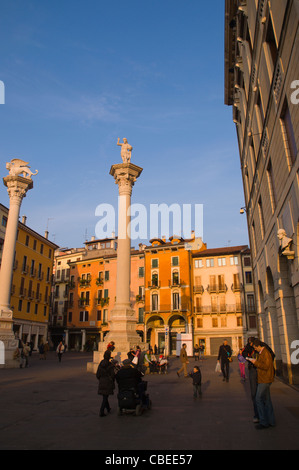 Columns with Lion of St Mark and Redeemer on top of them Piazza dei Signori square Vicenza northern Italy Stock Photo