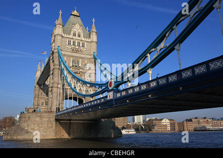 Tower Bridge, from Queen's Walk, in London, England, UK, with Katherine's Dock behind Stock Photo
