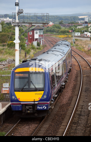 East coast Commuter train leaving Montrose Scotland heading for Aberdeen. Stock Photo