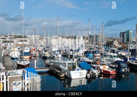 Boats moored at Sutton Harbour in Plymouth Stock Photo