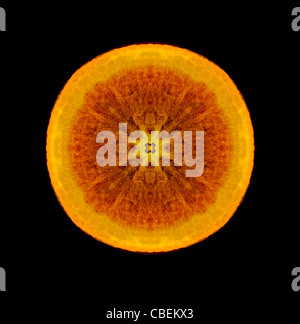 Citrus sinensis, Orange, Orange cross section slice subject, Black background. Stock Photo