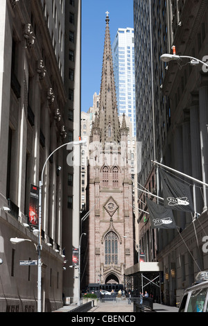 Trinity Church at the end of Wall Street after the area was cleared in anticipation of protests in New York City. Stock Photo