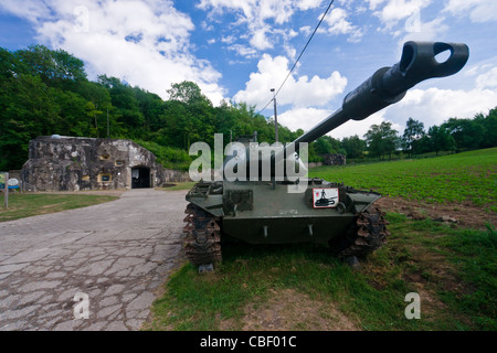 An M41 Walker Bulldog light tank near the entrance to fort Eben Emael, Belgium, Captured by German paratroopers in WWII. Stock Photo