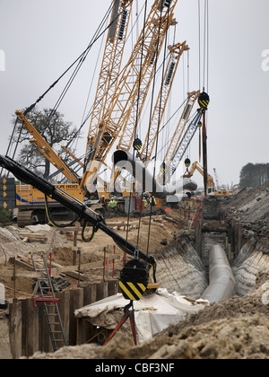 Building a gas pipeline connecting with the Nord Stream Pipeline between Russia and Western Europe. Stock Photo