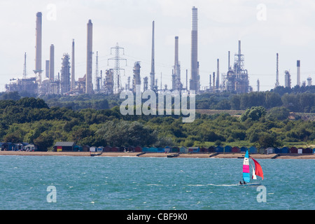 Yacht, sailing, off, The Solent, week, racing, cracking towers, Fawley oil Refinery, Beach, Catamaran Dinghy, Cowes Week, 2008, Isle of Wight Stock Photo