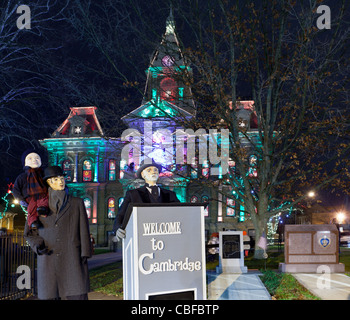 CAMBRIDGE, OHIO - NOVEMBER 24: Christmas lighting on the old Court House building in Cambridge Ohio on November 24, 2011. This annual event uses Dickens characters on the main street. Stock Photo