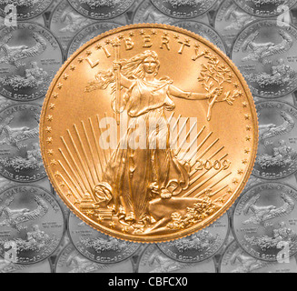 Black and white rendition of Gold Eagle one ounce coins in a patterns and stacked on each row with a single Liberty coin on the top
