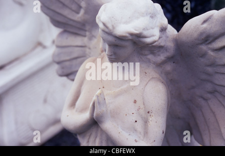 Weathered and stained white marble young classic angel with big wings and hands clasped in prayer Stock Photo